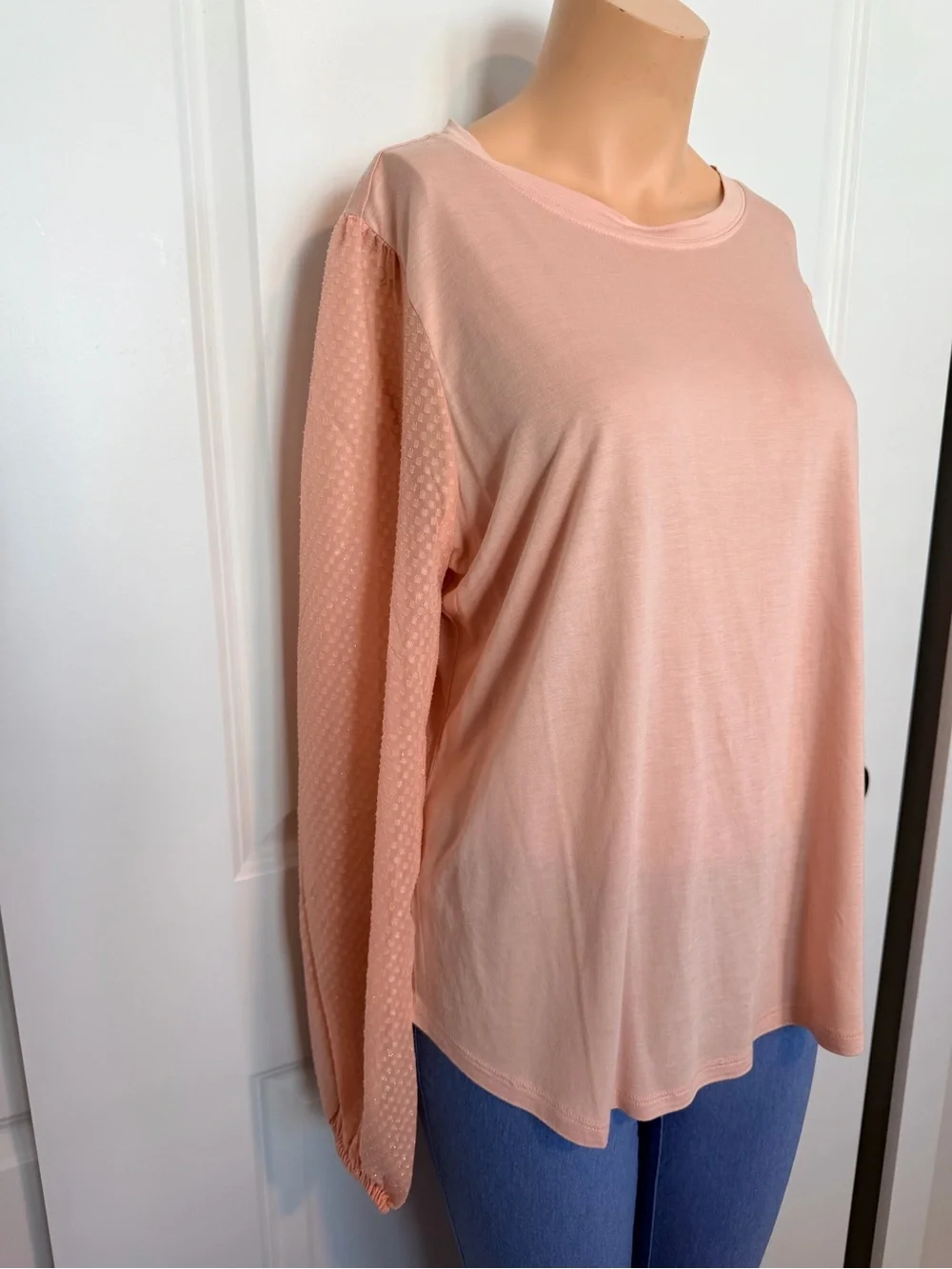 Michael Kors Soft Peach Long Sleeve Blouse with Sheer Dot Sleeves